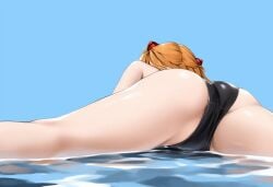 ai-created ai_generated ass ass_focus asuka_langley_sohryu back clothing female female_only from_behind hair_ornament huge_ass legs long_hair lying neon_genesis_evangelion on_stomach orange_hair partially_submerged sky solo spread_legs swimsuit thighs water wet