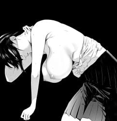 1girls artopolis asian asian_female bakemonogatari big_breasts black_hair braid braided_hair braided_ponytail breasts curvaceous curves curvy curvy_body curvy_female curvy_figure edit enormous_breasts female female_focus glasses greyscale hanekawa_tsubasa monochrome monogatari_(series) nude_edit nude_filter official_art oh!_great ooguro_ito tagme