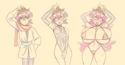 amaranth_(brellom) ass ass_expansion before_and_after bimbofication black_hair breast_expansion breasts brellom erect_nipples erect_nipples_under_clothes femsub green_eyes large_breasts nipples original pink_eyes pink_hair transformation v