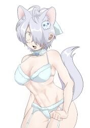 alternate_costume blue_bra blue_panties bra cat_ears cat_tail catgirl choker cleavage cute_fang female female_only garter_straps gegege_no_kitarou genderswap_(mtf) hair_over_one_eye hairclip iketa kitarou_tanjou_gegege_no_nazo lingerie medama_oyaji_(human) medium_breasts pale-skinned_female pale_skin panties red_eyes rule_63 short_hair skull_hair_ornament solo toned toned_female toned_stomach white_fur white_hair