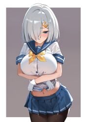 1girls black_pantyhose blue_eyes blue_sailor_collar blue_skirt blush breasts closed_mouth clothes_lift commentary_request cowboy_shot female gloves grey_hair grey_sailor_collar hair_ornament hair_over_one_eye hairclip hamakaze_(kancolle) hamakaze_(kantai_collection) highres kantai_collection large_breasts lifting_own_clothes midriff_peek miniskirt navel neckerchief pantyhose pleated_skirt sailor_collar school_uniform serafuku shirt_lift short_hair short_sleeves simple_background simplecar skirt smile solo white_gloves yellow_neckerchief