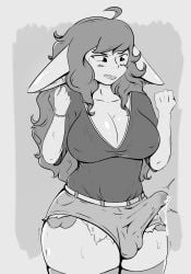 ashamed blush blush blush_lines breasts bulge bulge_through_clothing cum cum_in_clothes cum_in_clothing cum_stain daisy_dukes futa_only futa_sans_pussy futanari goblin goblin_female goblin_futa hornyskull_(artist) huge_breasts huge_cock long long_ears long_hair long_penis looking_at_penis looking_pleasured solo solo_focus thick_thighs tight_clothing tight_fit