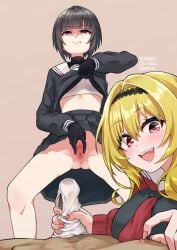 1boy 2girls :d ass_visible_through_thighs black_eyes black_gloves black_hair black_hairband black_serafuku black_skirt blonde_hair blur_censor bra brown_background censored closed_mouth commentary_request dated gloves gojarun hairband handjob highres idolmaster idolmaster_cinderella_girls kurosaki_chitose looking_at_viewer medium_hair multiple_girls neckerchief open_mouth panties penis pink_eyes pov pussy red_neckerchief school_uniform serafuku shirayuki_chiyo short_hair simple_background skirt smile spread_pussy spreading_own_pussy teeth twintails underwear upper_teeth_only white_bra white_panties