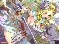 1girls absurd_res armor blonde_hair blush boris_(noborhys) freya_(zangeki_no_reginleiv) gauntlets goddess hair_ornament hi_res jewelry long_hair monster open_mouth red_eyes shield skirt solo_female solo_focus sword tiara zangeki_no_reginleiv