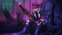 16:9 acidic anthro armor blood bodily_fluids brown_clothing brown_jacket brown_topwear clothed clothing felid fur glistening glistening_eyes gore grin gun hair holding_gun holding_object holding_ranged_weapon holding_weapon jacket male mammal multicolored_hair purple_hair ranged_weapon red_hair red_tongue sitting smile solo teeth tongue tongue_out topwear two_tone_hair weapon white_body white_eyes white_fur widescreen