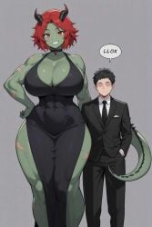 1boy1girl abs ai_generated big_breasts dress green_skin lizard muscular_female original original_character red_eyes red_hair smaller_male wife