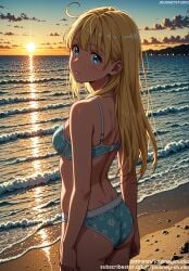 ahoge ai_generated arms_at_sides ass back bangs bare_arms bare_shoulders beach bikini blonde_hair blue_eyes blue_sky blue_swimsuit blush bra breasts closed_mouth clothing cloud cloudy_sky day evening female female floral_print from_behind horizon jousneystudio kofune_ushio long_hair looking_at_viewer looking_back medium_breasts ocean orange_sky original outdoors sand sky small_breasts smile solo standing summertime_render sun sunset swimsuit underwear underwear_only water waves