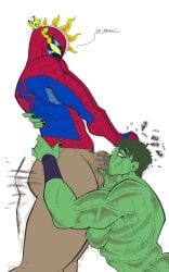 albino-racc black_hair bottomless bottomless_male breast_press breasts fellatio green_eyes green_skin jennifer_walters marvel muscles muscular muscular_female naked naked_female nude nude_female oral oral_penetration oral_sex peter_parker she-hulk short_hair simple_background spider-man white_background