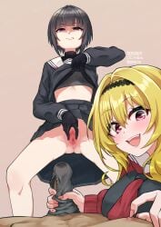 1boy 2girls :d ass_visible_through_thighs black_eyes black_gloves black_hair black_hairband black_serafuku black_skirt blonde_hair blur_censor bra brown_background censored closed_mouth commentary_request dated gloves gojarun grey_bra grey_panties hairband handjob highres idolmaster idolmaster_cinderella_girls kurosaki_chitose looking_at_viewer medium_hair multiple_girls neckerchief open_mouth panties penis pink_eyes pov pussy red_neckerchief school_uniform serafuku shirayuki_chiyo short_hair simple_background skirt smile spread_pussy spreading_own_pussy teeth twintails underwear upper_teeth_only