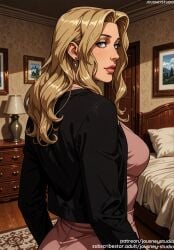 ai_generated ass bangs bed bedroom black_jacket blonde_hair blue_eyes breasts cabinet castlevania castlevania_(netflix) clothing curtains earrings english_text female female female_only from_behind indoors jacket jewelry jousneystudio lamp large_breasts lips lipstick lisa_tepes long_hair long_sleeves looking_at_viewer looking_back mature mature_female necklace on_bed open_clothes open_jacket original parted_lips pillow pink_dress pink_shirt shirt skirt solo window wooden_floor