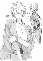 arm_under_breasts big_breasts cleavage cute_fang female female_only gegege_no_kitarou genderswap_(mtf) hair_over_one_eye japanese_clothes kimono kitarou_tanjou_gegege_no_nazo kngr_dappou medama_oyaji_(human) monochrome no_bra rule_63 short_hair smile solo very_short_hair