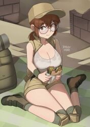 1girls abs artist_signature barleyshake baseball_cap big_breasts breasts brown_hair busty cap cleavage covered_nipples curvy day daytime female female_focus female_only fio_germi glasses grey_eyes hat headwear kneeling_on_floor large_breasts light-skinned_female light_skin metal_slug outdoors outside ponytail round_eyewear round_glasses sandwich_(food) shorts smile smiling solo solo_female solo_focus tagme tank_top thighs toned toned_female tree voluptuous water wet wet_body wet_clothes wet_skin