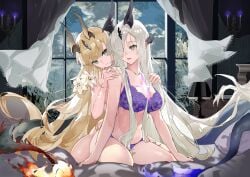 2girls arknights candlelight eblana_(arknights) female female_only flaming_tail huibai_bri lingerie reed_(arknights) sisters tail