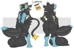 anthro big_balls big_penis earrings erection femboy genitals hyper_balls hyper_penis jinu looking_at_viewer luxray male nude penis pokemon red_eyes solo standing tail thick_thighs white_background