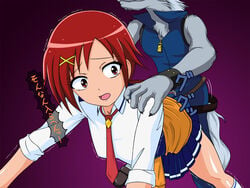 1boy 1girls anthro censored clothed_sex clothing female_human femsub hino_akane human human_on_anthro male/female male_anthro male_anthro/female_human maledom nise_shishamo pretty_cure skirt small_breasts smile_precure tagme translation_request wolfrun