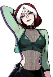 2d 2d_(artwork) breasts brown_hair brown_hair_female female female_focus female_only fishnets goth goth_girl green_eyes green_eyes_female looking_at_viewer makeup marvel multicolored_hair pale-skinned_female pale_skin redpostit rogue_(evolution) rogue_(x-men) smile smiling smiling_at_viewer white_hair white_hair_female x-men x-men_evolution