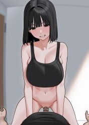 1boy absurdres assertive_female bar_censor black_camisole black_eyes black_hair black_shirt blush breasts camisole censored cleavage clothed_sex collarbone commentary_request cowgirl_position cowgirl_position door female fffukuzawa grin highres indoors large_breasts medium_hair navel original penis pussy sex shirt smile solo_focus sotmach straddling straight thighs vaginal_penetration