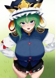 alternate_breast_size asymmetrical_hair black_hat black_skirt blush breasts eiki_shiki epaulettes female frilled_hat frills from_above gradient_background green_background green_eyes hat huge_breasts juliet_sleeves long_sleeves looking_at_viewer miniskirt moriforest1040 open_mouth puffy_sleeves short_hair skirt solo touhou