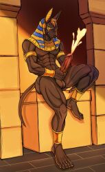 5_fingers 5_toes abs absurd_res anthro anubian_jackal anubis areola balls biceps big_penis black_body bodily_fluids canid canine canis clenched_teeth cum cumshot deity digital_media_(artwork) egyptian egyptian_mythology ejaculation erection feet fingers fur genital_fluids genitals hand_on_penis hi_res humanoid_feet humanoid_genitalia humanoid_penis jackal male mammal masturbation middle_eastern_mythology muscular muscular_anthro muscular_male mythology nipples nude orgasm pecs penile penile_masturbation penis plantigrade sitting solo teeth toes uraeus vein veiny_penis xioy384133