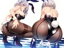 2girls absurdres alternate_costume animal_ears ass black_leotard blue_eyes breasts detached_collar fake_animal_ears fake_tail fishnet_pantyhose fishnets from_behind grey_hair hair_ornament hair_over_one_eye hairclip hamakaze_(kantai_collection) highleg highleg_leotard highres kantai_collection kashima_(kantai_collection) leotard long_hair multiple_girls pantyhose playboy_bunny rabbit_ears rabbit_tail short_hair strapless strapless_leotard tail torisan twintails wavy_hair