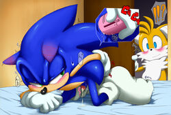 anal anal_insertion anal_masturbation anal_object_insertion anus balls bed bedroom blue_fur blushing cum furry hedgehog male mammal masturbation multiple_males penis shoppaaaa sonic_(series) sonic_the_hedgehog surprise sweat tails vibrator yaoi