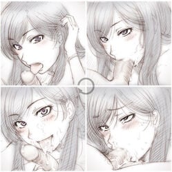 blush cum cum_in_mouth cum_out_nose fellatio female hair_tucking long_hair looking_at_viewer maria-sama_ga_miteru monochrome ogino_atsushi oral penis sachiko_ogasawara tear tongue tongue_out