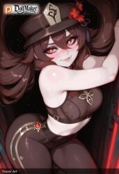 ai_generated animal_ears artist_name bangs bare_shoulders blush breasts brown_hair dollmaker dollmaker_(artist) female flower hair_between_eyes hat light_particles long_hair looking_at_viewer patreon_logo patreon_username smile solo tagme thighs very_long_hair watermark