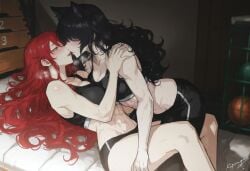 2girls ai_generated black_hair blake_belladonna blush cat_ears gym_clothes kizirugai pyrrha_nikos red_hair rwby toned_female yuri