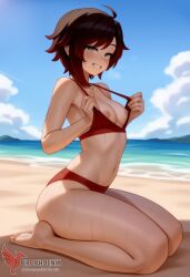 1girls 2d ai_generated ass back barefoot beach beachball big_ass big_breasts bikini black_bikini day erophoenix feet gradient_hair looking_at_viewer looking_back multicoloured_hair nipple_slip nipples outdoors pale_skinned_female patreon_username red_hair ruby_rose rwby short_hair sitting sky smile soles solo swimsuit two-tone_hair umbrella uncensored