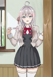 1girls ai_generated alisa_mikhailovna_kujou blush holding_pregnancy_test implied_pregnancy indoors large_breasts open_mouth pregnancy_test pregnant presenting room school_uniform smug thighhighs tokidoki_bosotto_russian_de_dereru_tonari_no_alya-san waroffree white_thighhighs