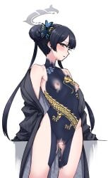 1girls areolae ass ass_visible_through_thighs black_hair blue_archive blue_eyes blush blushing_female body_paint bodypaint breasts butterfly_hair_ornament cheongsam china_dress chinese_clothes chinese_dress embarrassed false_clothes female female_only kisaki_(blue_archive) long_hair looking_at_viewer moe568882 navel nipples no_bra no_panties nude nude_female painted_clothes pussy pussy_juice shy small_ass small_breasts standing sweat sweatdrop