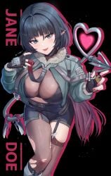 1girls animal_ears aqua_eyes aqua_jacket black_background black_gloves black_hair black_pantyhose black_shorts black_thighhighs breasts character_name cleavage crop_top female fingerless_gloves fur-trimmed_jacket fur_trim gloves heart heart_tail highres jacket jane_doe_(zenless_zone_zero) large_breasts mitsukayurie mouse_ears mouse_girl mouse_tail multicolored_hair pantyhose red_hair red_nails see-through_cleavage see-through_clothes shorts single_leg_pantyhose single_thighhigh tail thighhighs torn_clothes torn_pantyhose torn_thighhighs two-tone_hair zenless_zone_zero