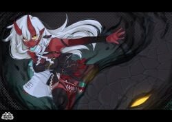 akumi artist_name bare_shoulders black_legwear breasts cleavage demon_girl female hair_between_eyes horns jewelry large_breasts letterboxed long_hair long_sleeves looking_at_viewer monster_girl oni oni_horns pointy_ears ponytail red_skin sitting solo thighhighs very_long_hair vyugen white_hair yellow_eyes