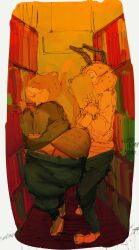 anthro blush bottomwear bottomwear_down canid canine canis clothed clothing domestic_cat domestic_dog dry_humping duo felid feline felis grinding hi_res library looking_pleasured lucas_(elchilenito) male male/male mammal mr._polywoo neato5 overweight overweight_male pants pants_down partially_clothed public public_sex sex standing