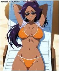 1girls ai_generated bikini bleach bluu_ai dark-skinned_female dark_skin orange_bikini shihouin_yoruichi solo sunglasses swimsuit