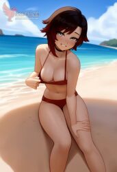1girls 2d ai_generated ass back barefoot beach beachball big_ass big_breasts bikini black_bikini day erophoenix feet gradient_hair looking_at_viewer looking_back multicoloured_hair nipple_slip nipples outdoors pale_skinned_female patreon_username red_hair ruby_rose rwby short_hair sitting sky smile soles solo swimsuit two-tone_hair umbrella uncensored