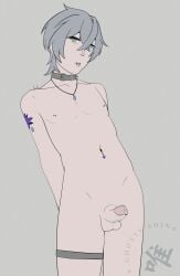 1male belly_button belly_piercing chocker ghostyshin green_eyes grey_hair leg_strap male nipple_piercing pale_skin pierced_nipples piercings solo solo_focus solo_male tattoo tongue_out twink wise_(zenless_zone_zero) yaoi zenless_zone_zero