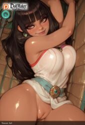 ai_generated artist_name bangs black_hair blunt_bangs blush bottomless breasts brown_eyes covered_nipples dollmaker dollmaker_(artist) dress earrings female gem jewelry long_hair looking_at_viewer lying no_panties patreon_username pussy sleeveless smile solo spread_legs tagme