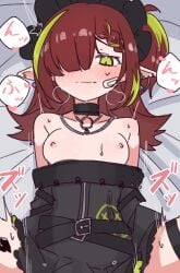absurdres arknights bandaid bandaid_on_face black_bonnet black_choker black_dress blush bonnet breasts choker commentary_request dress female green_eyes green_hair hair_over_one_eye highres implied_sex long_hair looking_at_viewer multicolored_hair nikukabe nipples pointy_ears pov red_hair small_breasts solo spread_legs streaked_hair tecno_(arknights) wavy_mouth