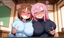 2girls 3girls ? @_@ ai_generated blurry blurry_background blurry_foreground blush breast_grab breast_hold breast_lift breasts brown_hair chalkboard classroom deep_skin depth_of_field drunk eyebrows_visible_through_hair full-face_blush grabbing grabbing_from_behind grabbing_own_breast green_eyes grin groping hand_on_breast hand_on_own_chest hayate_no_gotoku! heart heart-shaped_pupils huge_breasts indoors katsura_hinagiku long_hair motion_blur multiple_girls nishizawa_ayumu nose_blush open_mouth pink_eyes pink_hair self_fondle sharp_teeth short_hair smile symbol-shaped_pupils table tagme teeth uraraka_ochako velianthart yuri
