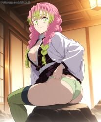 1girls ai_generated ass bluu_ai demon_slayer green_panties kanroji_mitsuri panties skirt_lift solo