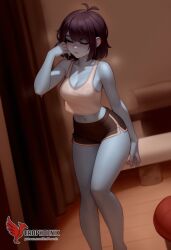 1girls 2d ai_generated ass barefeet big_ass big_breasts blue_skin bra breasts closed_eyes deltarune erophoenix feet female female_focus full_body kris_(deltarune) kris_female_(deltarune) looking_at_viewer midriff navel neutral_expression panties patreon_username solo solo_female sweat thick thick_thighs toes uncensored underwear