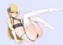 1boy ass bandeau black_panties blonde_hair blue_bow blue_eyes blue_ribbon blush bow bridal_gauntlets bulge chevalier_d'eon_(fate) crossdressing elbow_gloves fate/grand_order fate_(series) femboy full_body gloves hair_ornament hair_ribbon hairbow husun_wei legs_up long_hair looking_at_viewer male_focus multi-strapped_panties navel nose_blush panties revealing_clothes ribbon sitting string_panties thighhighs trap underwear very_long_hair white_gloves white_thighhighs x_hair_ornament yaoi