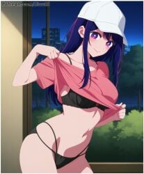 1girls ai_generated baseball_cap black_bra black_panties black_underwear bluu_ai bra hoshino_ai oshi_no_ko panties pink_shirt solo t-shirt underwear