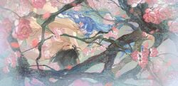2boys ao_bing blue_hair bottomless cherry_blossoms flower gay laying_down laying_on_back laying_on_ground laying_on_stomach long_hair ne_zha(2019) ne_zha_(films) ne_zha_2(2025) nezha topless topless_male yaoi yinzi
