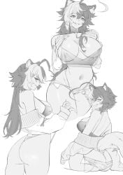 animal_ears ass bare_shoulders bra breasts cleavage eyebrows_visible_through_hair female greyscale huge_breasts large_breasts long_hair looking_at_viewer momotexx_(vtuber) monochrome multiple_views navel off_shoulder panties see-through sharp_teeth short_hair smile standing tail thighs underwear vyugen