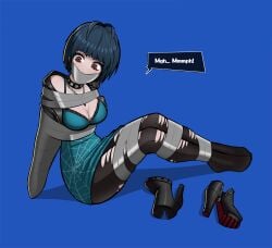 bondage bondage brown_eyes choker dark_blue_hair dress gagged_female gagged_speech goth goth_girl leather_jacket pantyhose persona persona_5 ripped_pantyhose shoes_off short_hair tae_takemi tape tape_bondage tape_gag wossarem