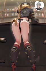 1boy 1girls ass blonde_hair booty_shorts drunk female jacket luciana_de_montefio male petite thinking wise_(zenless_zone_zero) zenless_zone_zero