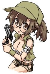 blush breasts brown_eyes brown_hair cleavage deku_(dekunosu) female female_focus fio_germi gun hat looking_at_viewer metal_slug midriff_peek open_mouth ponytail round_eyewear short_shorts shorts simple_background solo weapon white_background