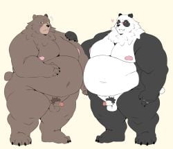 angusart anthro balls bashful bear belly ben_bigger brown_body brown_fur duo embarrassed erection eyewear facial_scar fupa fur genitals giant_panda glasses hi_res male male/male mammal mihoyo nipples nude overweight pan_yin_hu penis pubes scar smile smirk zenless_zone_zero